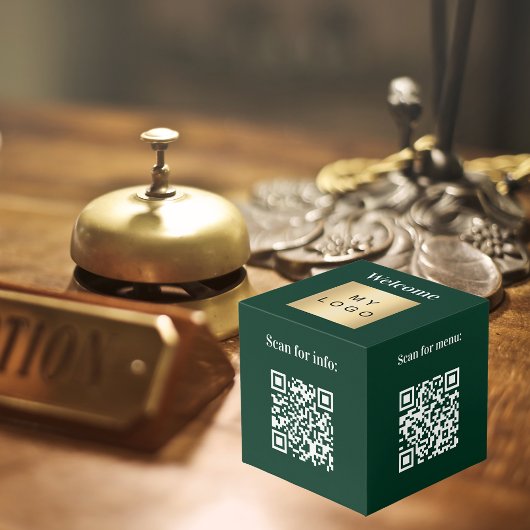 Welkom bedrijf logo QR codes groene info tabel Kubus