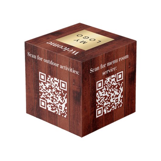 Welkom bedrijf logo QR codes hout info tabel Kubus (Achter hoekig)