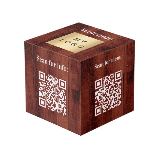 Welkom bedrijf logo QR codes hout info tabel Kubus (Voorkant hoekig)