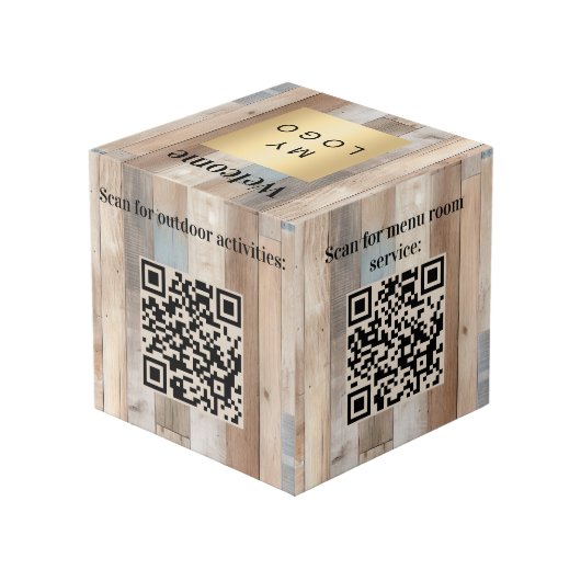Welkom bedrijf logo QR codes hout info tabel Kubus (Achter hoekig)