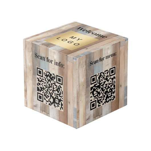 Welkom bedrijf logo QR codes hout info tabel Kubus (Voorkant hoekig)