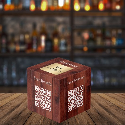 Welkom bedrijf logo QR codes hout info tabel Kubus