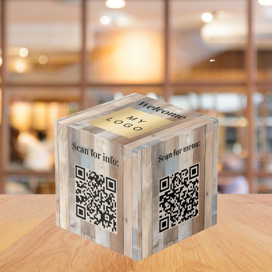Welkom bedrijf logo QR codes hout info tabel Kubus