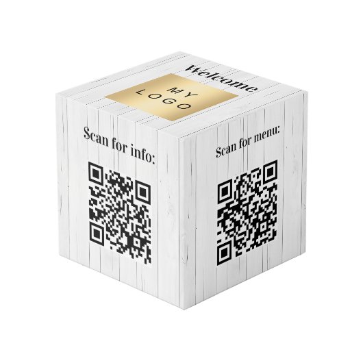 Welkom bedrijf logo QR codes hout info tabel Kubus (Voorkant hoekig)