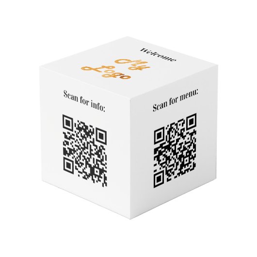 Welkom bedrijf logo QR codes info witte tafel Kubus (Voorkant hoekig)