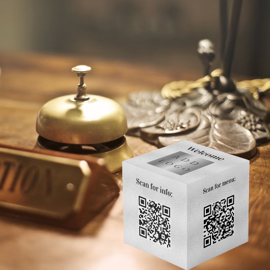 Welkom bedrijf logo QR codes zilver info tabel Kubus