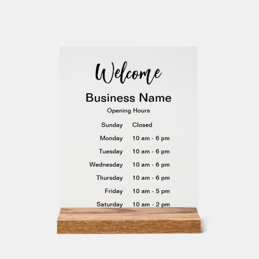Welkom Bedrijfsnaam Uren van verrichting Acryl Bord (Voorkant)