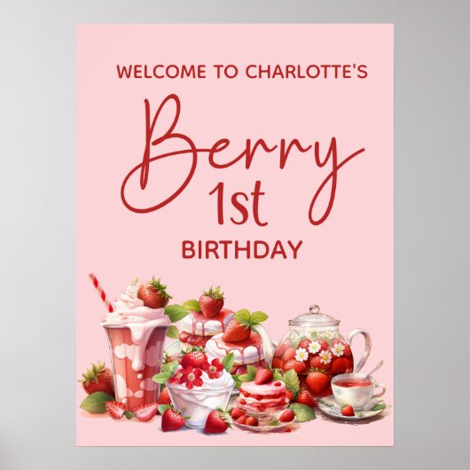 Welkom Berry 1e Verjaardag Roze Rode Aardbei Poster (Voorkant)