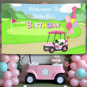Welkom bij 1e verjaardag Polka Dot Pink Girly Golf Spandoek