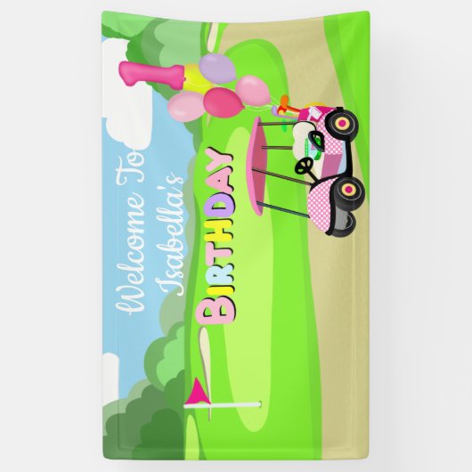 Welkom bij 1e verjaardag Polka Dot Pink Girly Golf Spandoek (Verticaal)