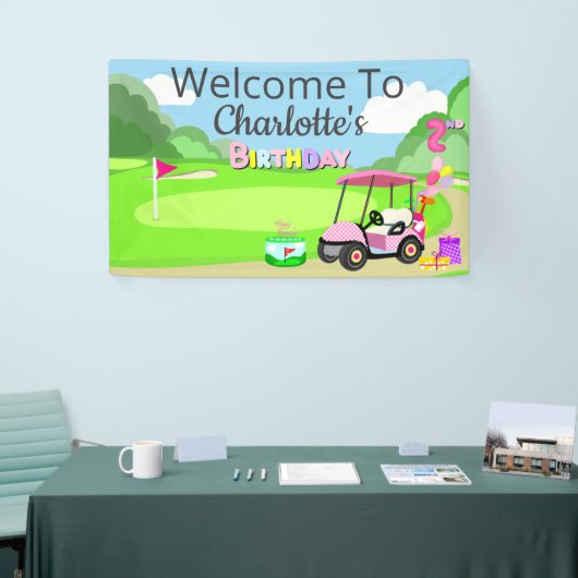 Welkom bij 2e verjaardag Polka Dot Pink Girly Golf Spandoek (Beurs)