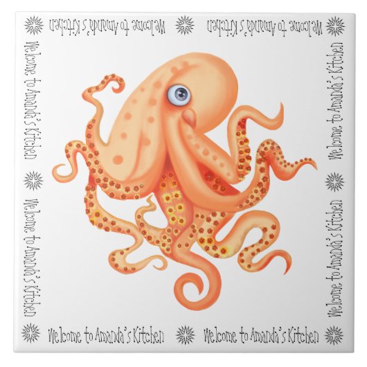 Welkom bij Amanda's Keuken schattige oranje octopu Tegeltje (Voorkant)