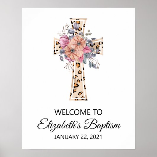 Welkom bij Baptism Waterverf Leopard Floral Cross Poster (Voorkant)