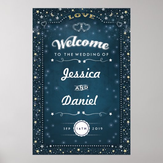 Welkom bij bruiloft 24x36 Blauwgroen Gold Hearts e Poster (Voorkant)