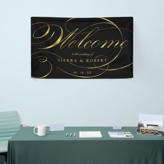 Welkom bij bruiloft Elegant Faux Foil Gold Script Spandoek (Beurs)