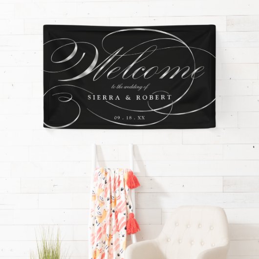 Welkom bij bruiloft Elegant Faux Silver Script Spandoek (Insitu)