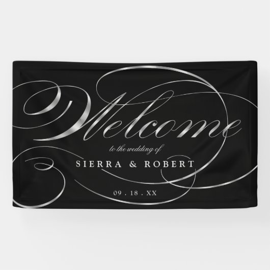 Welkom bij bruiloft Elegant Faux Silver Script Spandoek (Horizontaal)