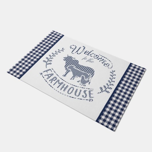 Welkom bij de boerderij Blue Gingham Deurmat (Schuin)