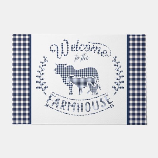 Welkom bij de boerderij Blue Gingham Deurmat (Voorkant)
