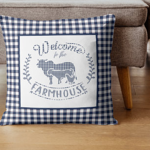 Welkom bij de boerderij Blue Gingham Kussen