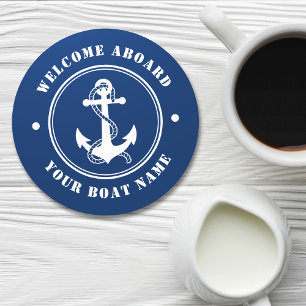 Welkom bij de bootnaam Anchor Rope Navy Ronde Kartonnen Onderzetter