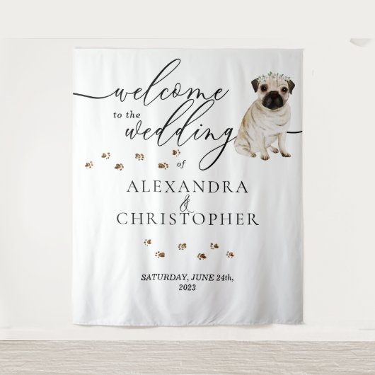 Welkom bij de bruiloft Pug Dog Wandkleed (Voorkant)