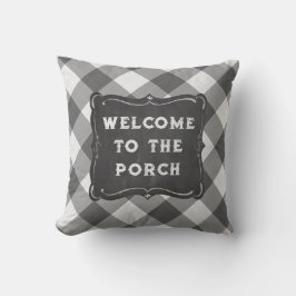 Welkom bij de Porch Charcoal Grey White Gingham Kussen