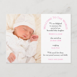 Welkom bij de Wereld Baby Meisje Fototekst Wit Briefkaart