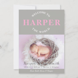 Welkom bij de Wereld roze grijze Geboorteaankondig Kaart