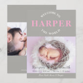 Welkom bij de Wereld roze grijze Geboorteaankondig Kaart (Voorkant / Achterkant)