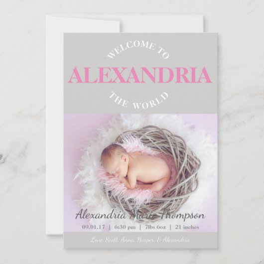 Welkom bij de Wereld roze grijze Geboorteaankondig Kaart (Voorkant)