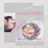 Welkom bij de Wereld roze grijze Geboorteaankondig Kaart (Voorkant / Achterkant)