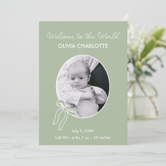 Welkom bij de Wereldwijze Groene Pasgeboren Baby G Aankondiging (Staand voorkant)