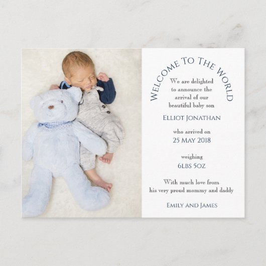 Welkom bij de World Baby Boy Photo Text White Briefkaart (Voorkant)