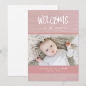 Welkom bij de World Pink Burlap Baby Girl Birth Aankondiging (Voorkant / Achterkant)
