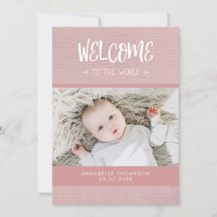 Welkom bij de World Pink Burlap Baby Girl Birth Aankondiging