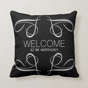 Welkom bij elke familienaam Black Grey Swirls Kussen