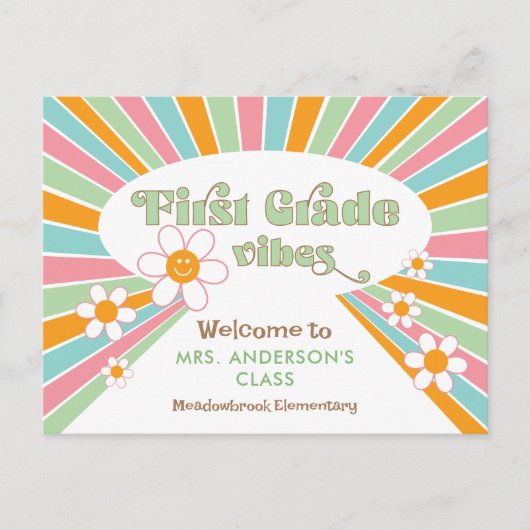 Welkom bij First Grade 70s Retro Teacher's Briefkaart (Voorkant)