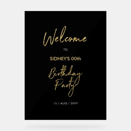 Welkom bij Gold & Black Modern Birthday Party Acryl Bord (Voorkant)