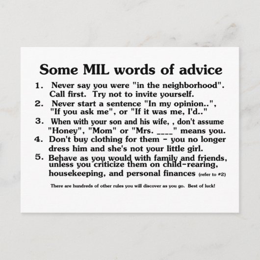 Welkom bij het advies van Moeder in Law Club Briefkaart (Voorkant)