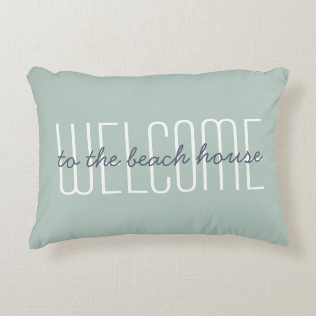 Welkom bij het Beach House Quote Green Decorative Accent Kussen (Voorkant)