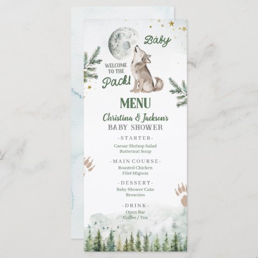 Welkom bij het Pack Forest Wolf Baby shower Menu (Voorkant / Achterkant)