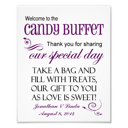 Welkom bij het Snoep Buffet Violet Wedding Sign Foto Afdruk (Voorkant)