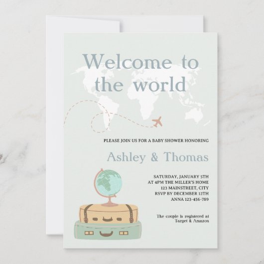 Welkom bij het Wereldkaart Travel Baby shower Kaart (Voorkant)