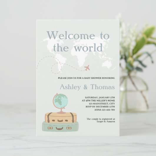 Welkom bij het Wereldkaart Travel Baby shower Kaart (Staand voorkant)