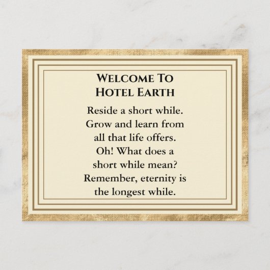 Welkom bij Hotel Earth Briefkaart (Voorkant)