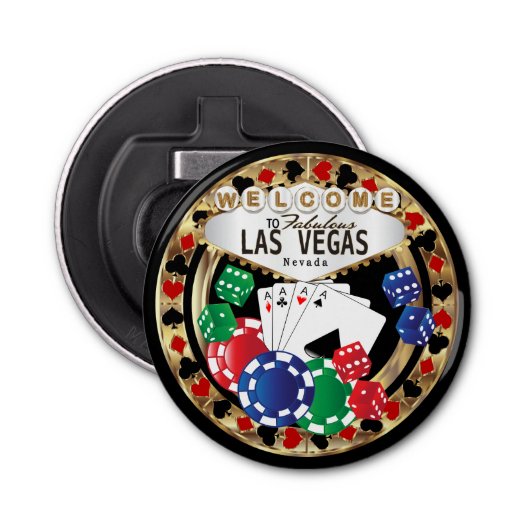 Welkom bij Las Vegas Style - Red en Gold Button Flesopener (Voorkant)
