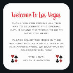Welkom bij Las Vegas Wedding Welcome Basket Vierkante Sticker<br><div class="desc">Trouwen in Las Vegas? Deze witte en zwarte welkom stickers zouden een perfecte aanvulling op de welkomstmand van uw gast in hun hotel. Personaliseer met je eigen oprechte tekst.</div>