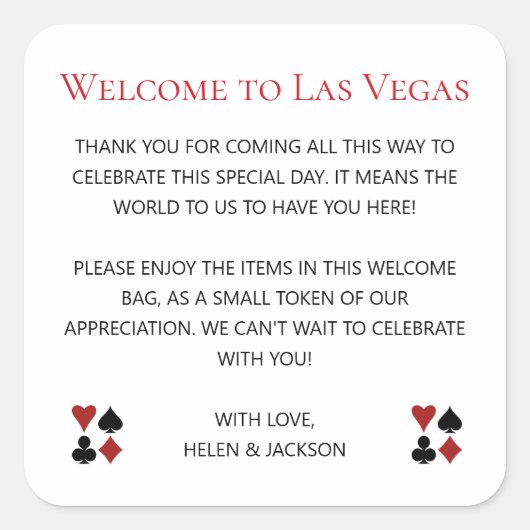 Welkom bij Las Vegas Wedding Welcome Gift Bag Vierkante Sticker (Voorkant)