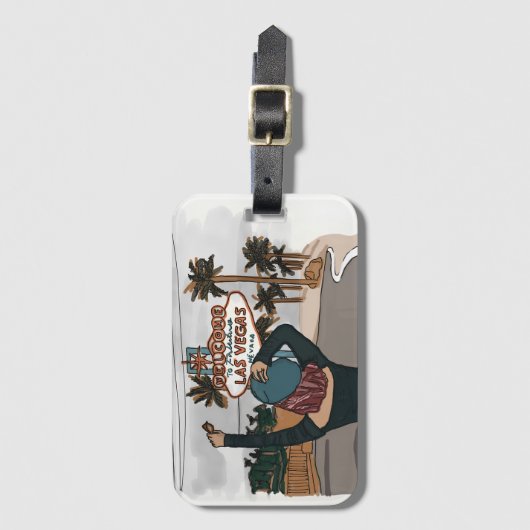 ‘Welkom bij Lasvegas check in spot’ Meisje draagt Bagagelabel (Voorkant (verticaal))